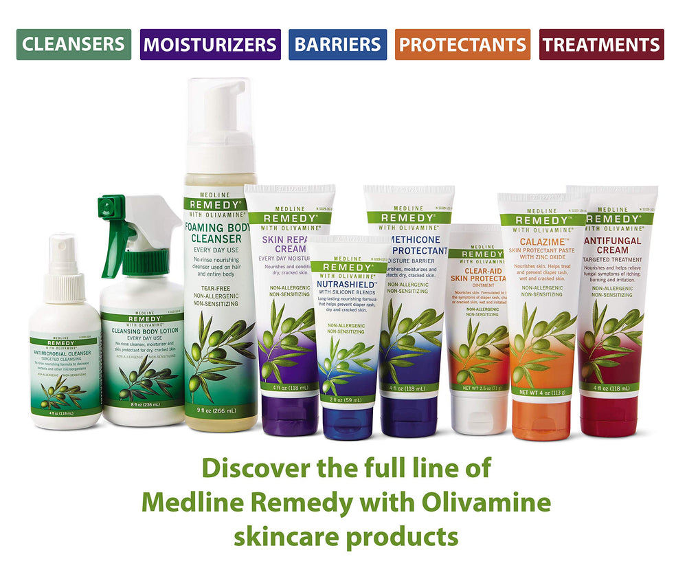 Medline Remedy Olivamine, espuma sin lágrimas, apta para piel sensible durante la ducha.