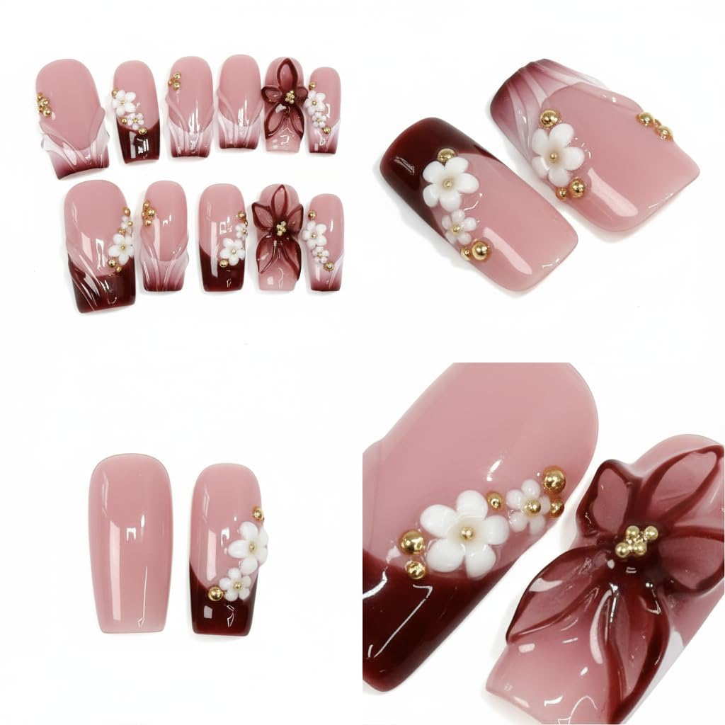 Meemooron Uñas Postizas Manos Elegantes con Frances Rojo para eventos.