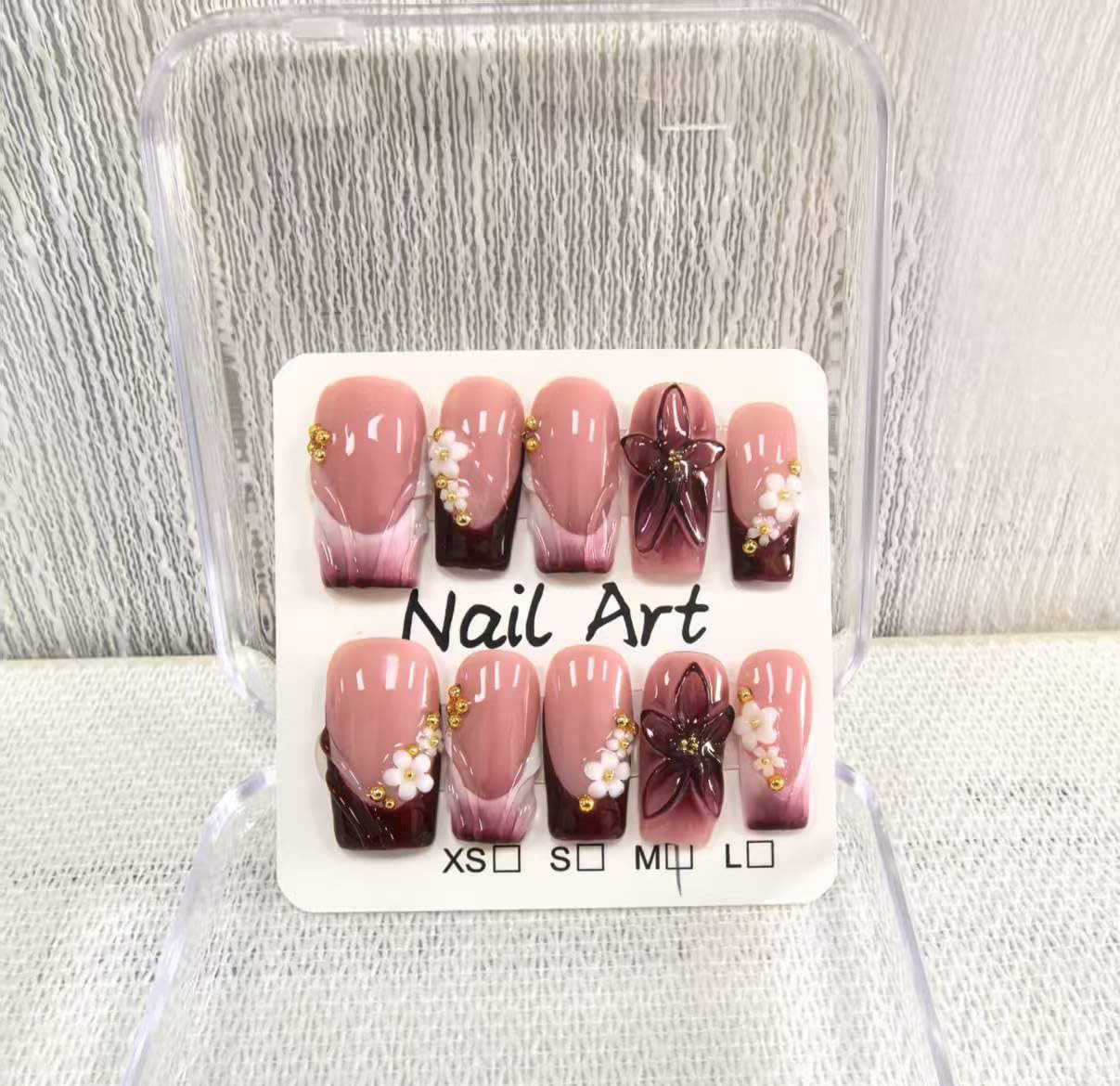 Meemooron Uñas Postizas Medias Cuadradas Rojo Frances con Flores 3D para estilo duradero.