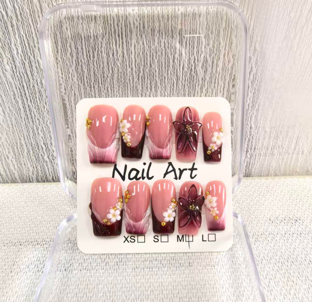 Meemooron Uñas Postizas Medias Cuadradas Rojo Frances con Flores 3D para estilo duradero.