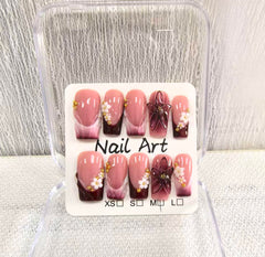 Meemooron Uñas Postizas Medias Cuadradas Rojo Frances con Flores 3D para estilo duradero.