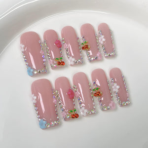 Meemooron uñas postizas largas y cuadradas con cerezas 3D para un acabado elegante.