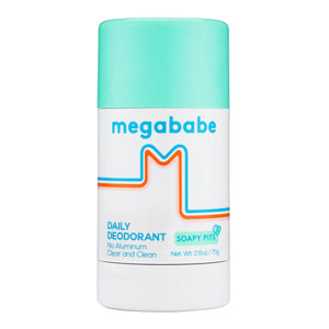 Megababe Daily Desodorante, bote transparente para aplicación limpia y sin aluminio.