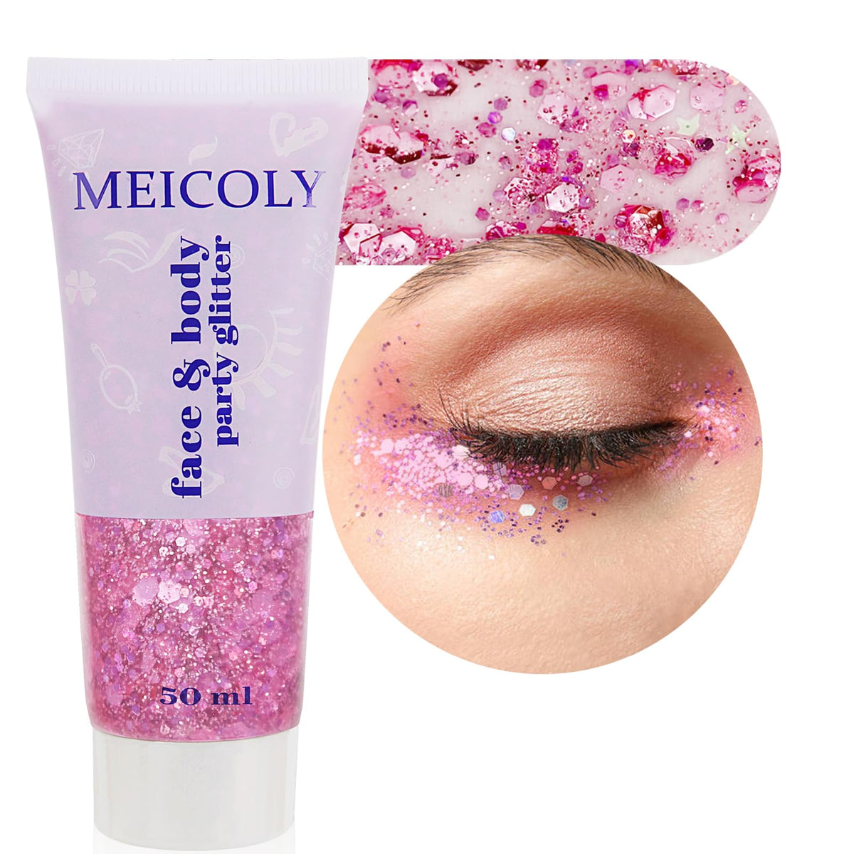 MEICOLY brillo cara rosa holográfico, realza rasgos con destellos para fiestas y conciertos