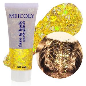 MEICOLY brillo dorado para el cuerpo, ideal para looks de festival deslumbrantes.
