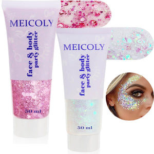 MEICOLY kit brillos rosa y blanco para rostro y cuerpo, ideal para festivales.