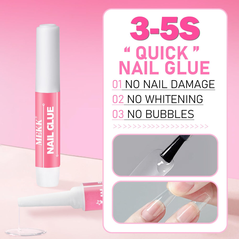 MEKK pegamento para uñas, acabado transparente y cristalino.