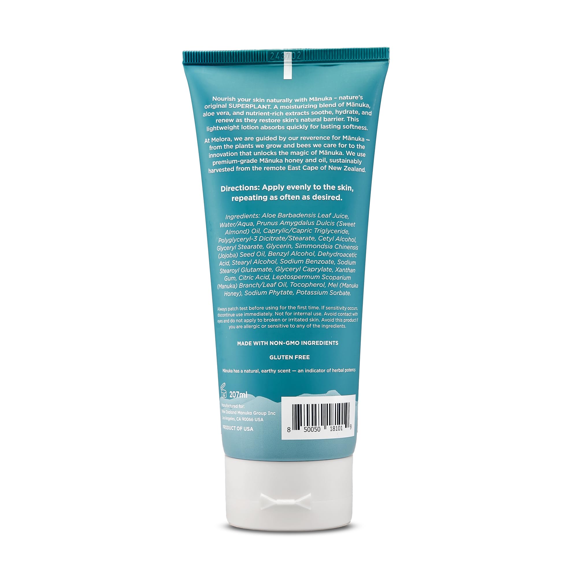 Loción MELORA Manuka, textura cremosa para piel seca.