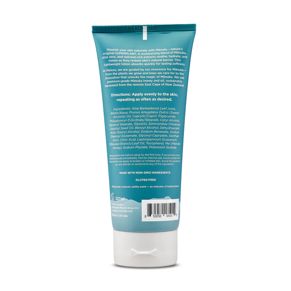 Loción MELORA Manuka, textura cremosa para piel seca.