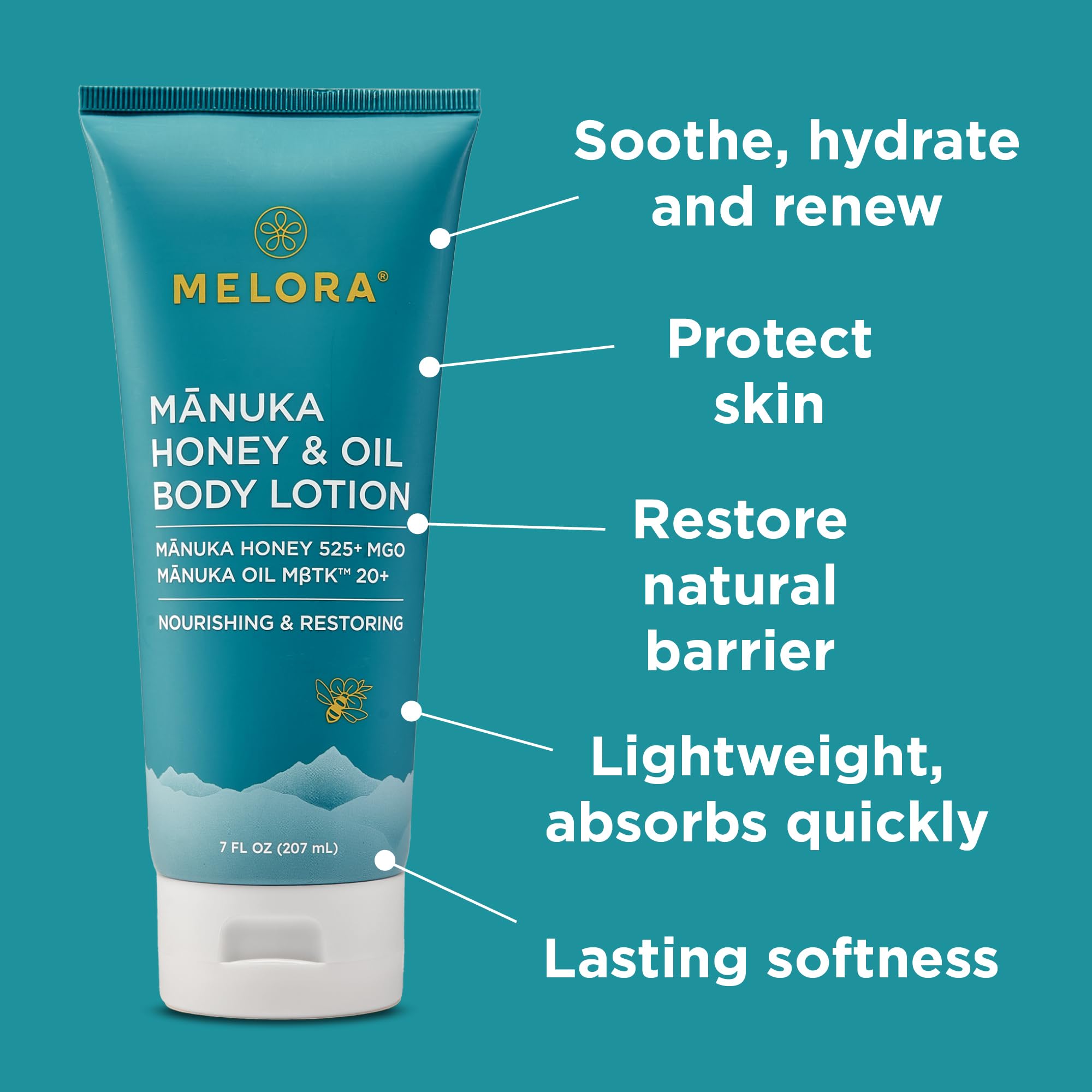 MELORA miel de Manuka en loción, hidratación suave para la piel.