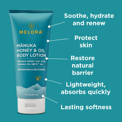 MELORA miel de Manuka en loción, hidratación suave para la piel.