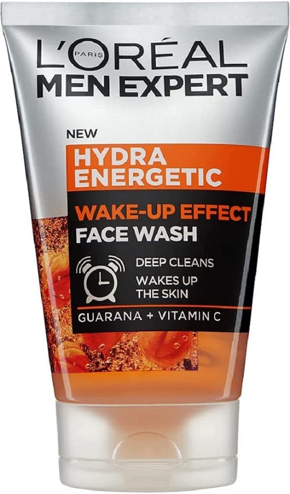 MEN EXPERT Wake-up Effect Face Wash: bote visible, limpia poros y activa la piel