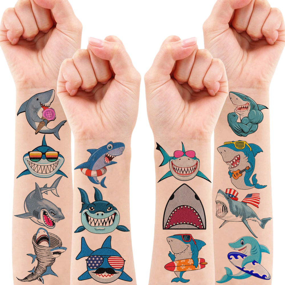 MeoIsDaBest pack de 96 tatuajes de tiburón, ideal para eventos.
