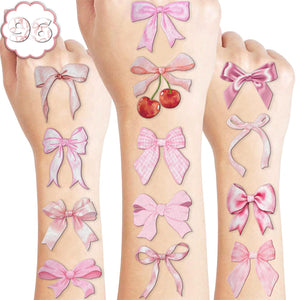 MeoIsDaBest tatuajes temporales con lazo rosa, ideales para fiestas infantiles.