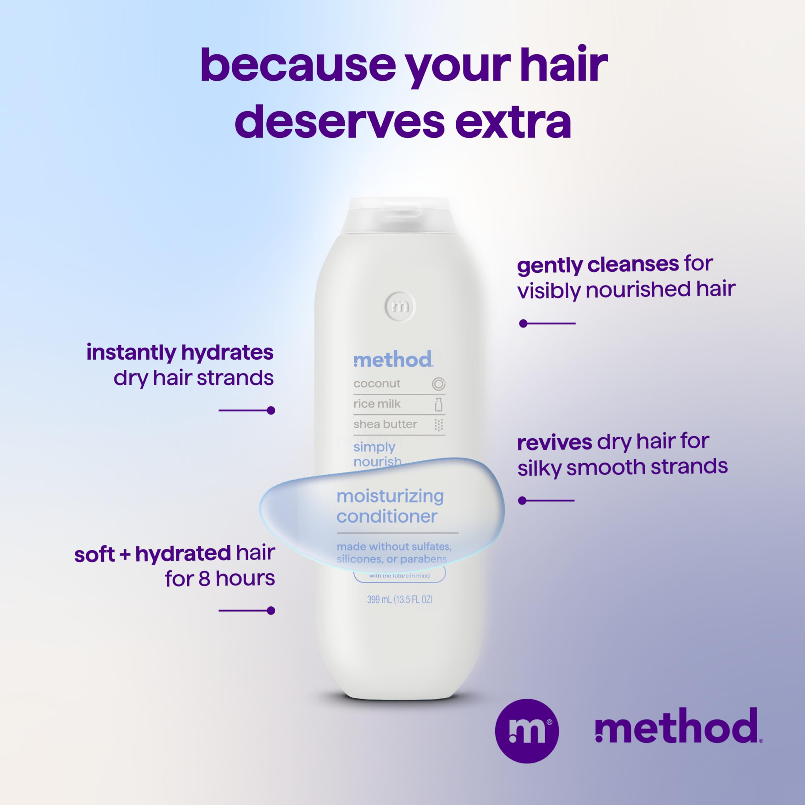 Acondicionador Method Nutricion sencilla, aroma cremoso a coco, experiencia de ducha agradable