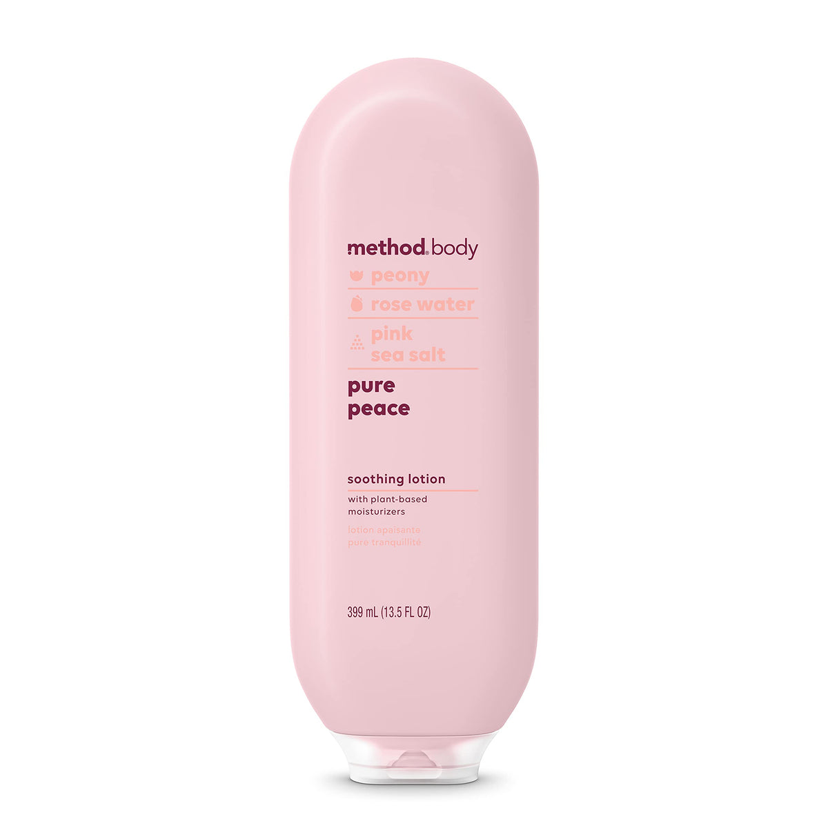 Method Daily Lotion Pure Peace, botella de 13.5 onzas para hidratación diaria suave.