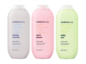 Method gel de baño pack variedad de tres fragancias para uso diario.