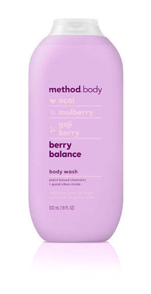 Method gel de ducha Berry Balance, botella vertida, experiencia aromática revitalizante