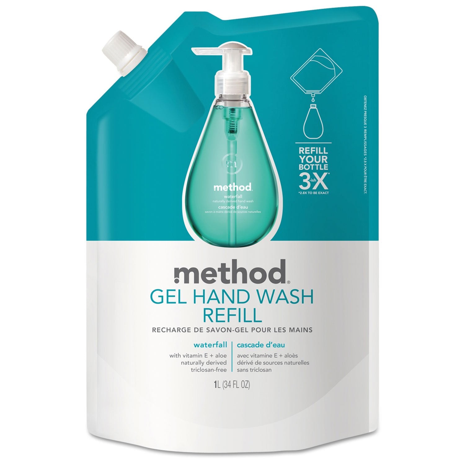 Method gel lavamanos recarga Cascada, empaque práctico para llenar tu dispensador.