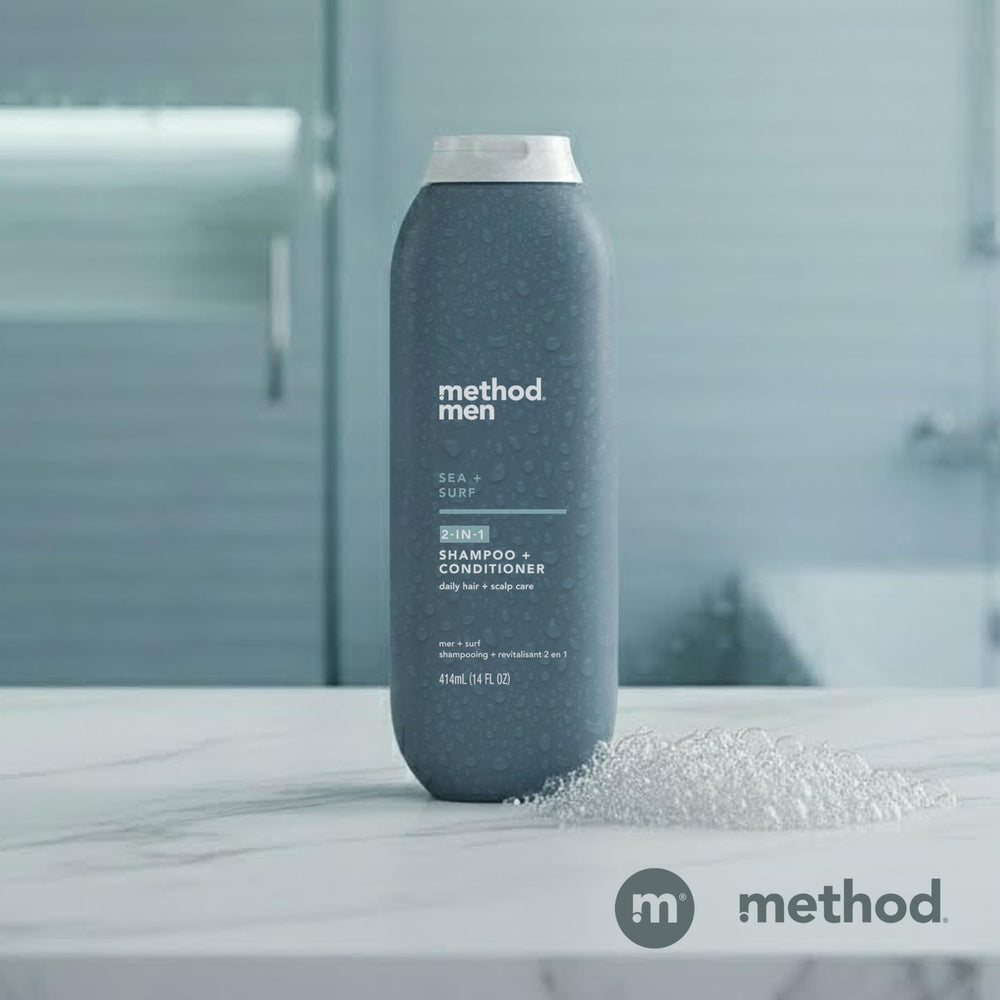 Method Hombres 2 en 1, frescura de la ducha gracias al mentol en la etiqueta.