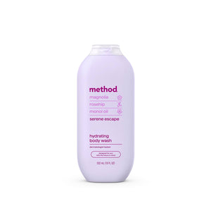 Method Jabon Cuerpo Serene Escape, botella 18oz, limpieza suave para empezar el día.
