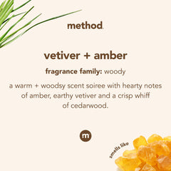 Method Jabon Manos Gel Vetiver Ámbar: pack de tres botellas para uso familiar.