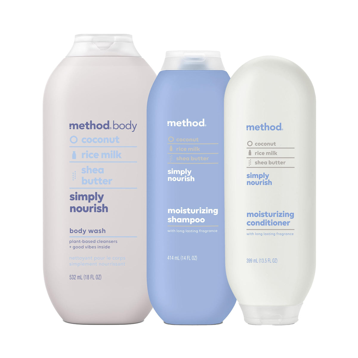 Set regalo Method Simply Nourish con tres botellas para ducha y cabello.