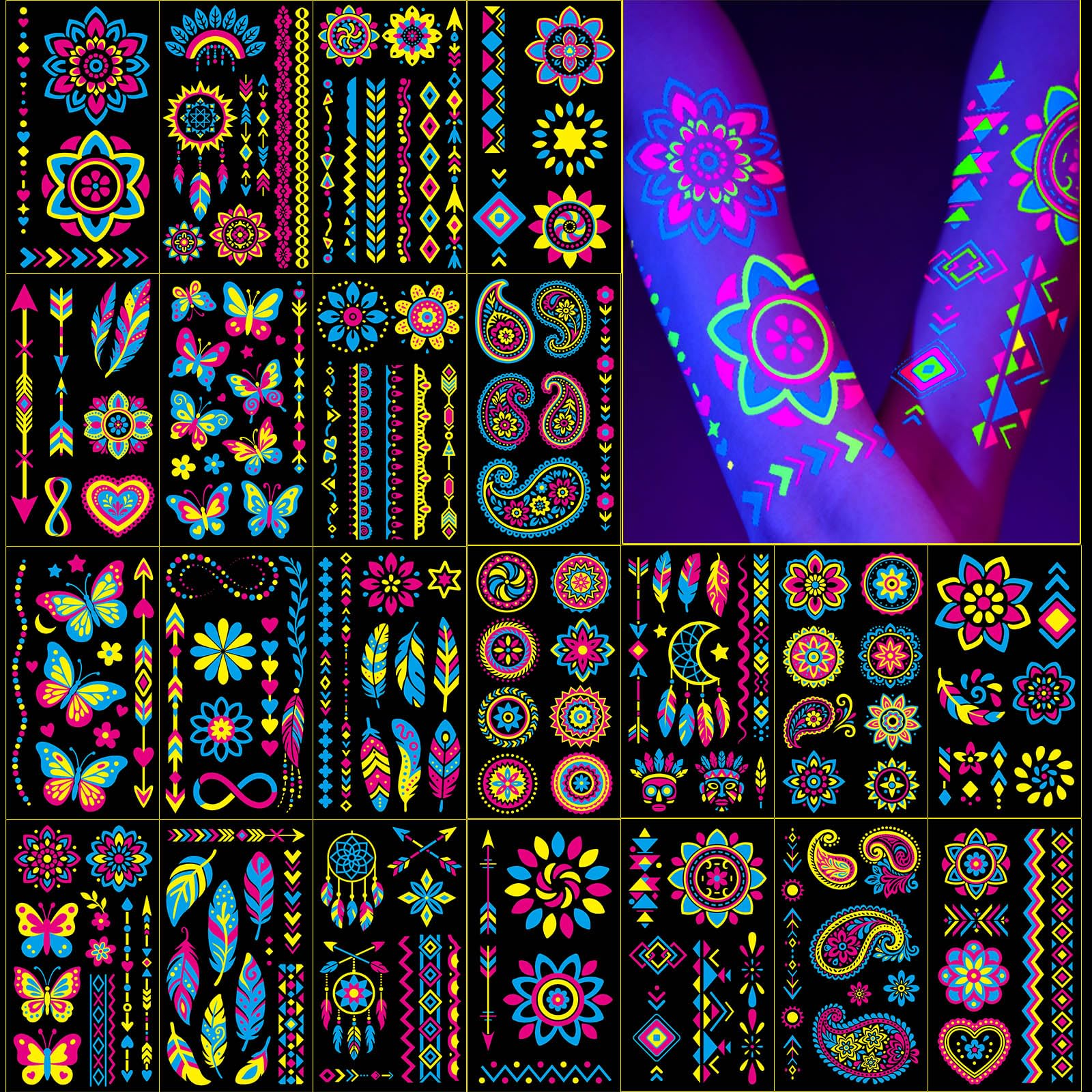 Metuu tatuajes fluorescentes UV con diseños neón para fiestas nocturnas.