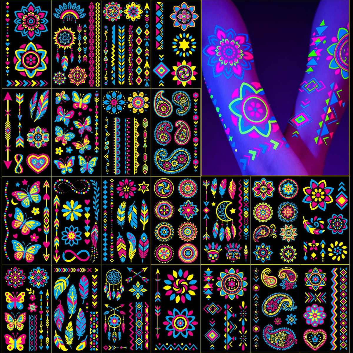 Metuu tatuajes fluorescentes UV con diseños neón para fiestas nocturnas.