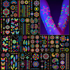 Metuu tatuajes fluorescentes UV con diseños neón para fiestas nocturnas.
