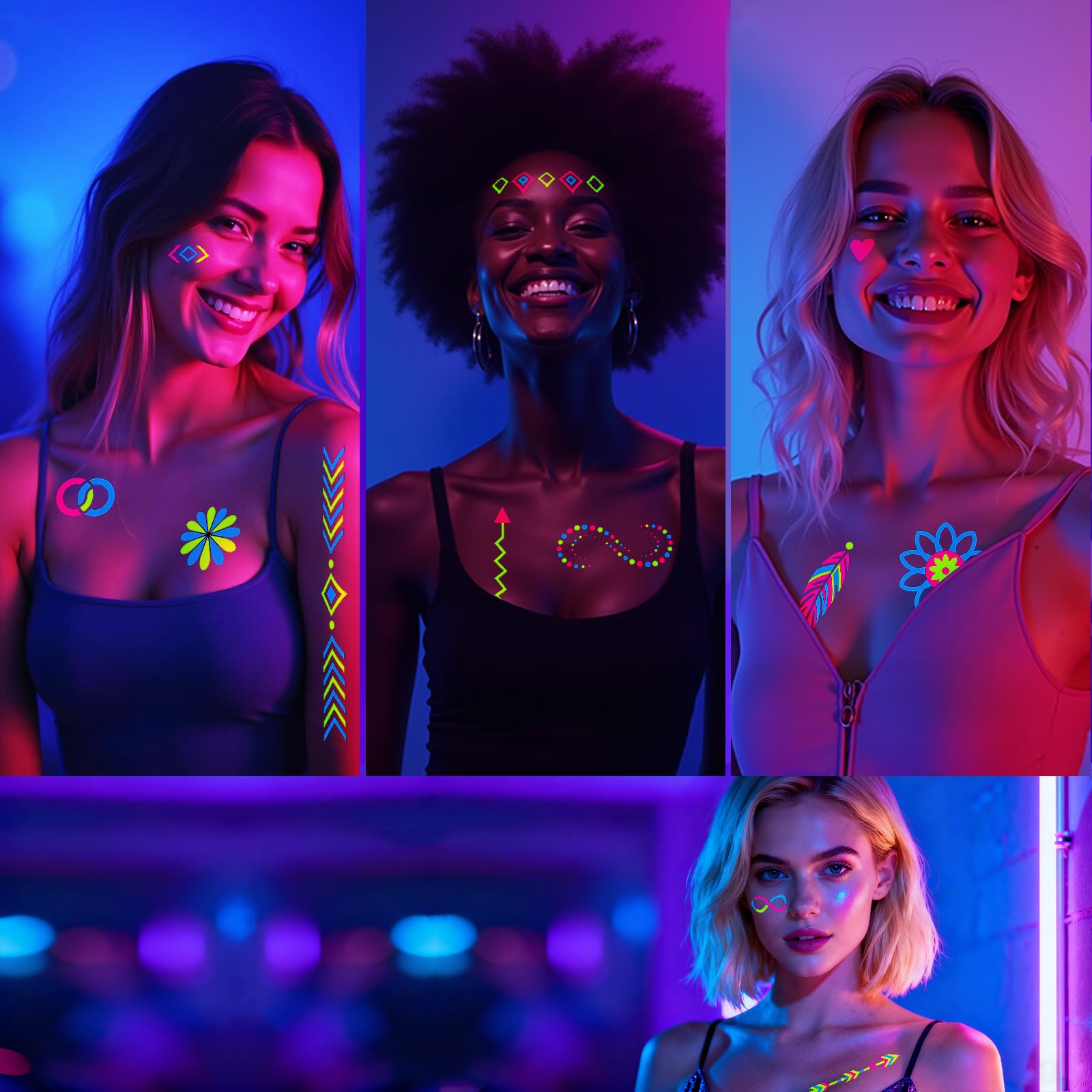 Metuu tatuajes vibrantes con mandalas y mariposas para fiestas.