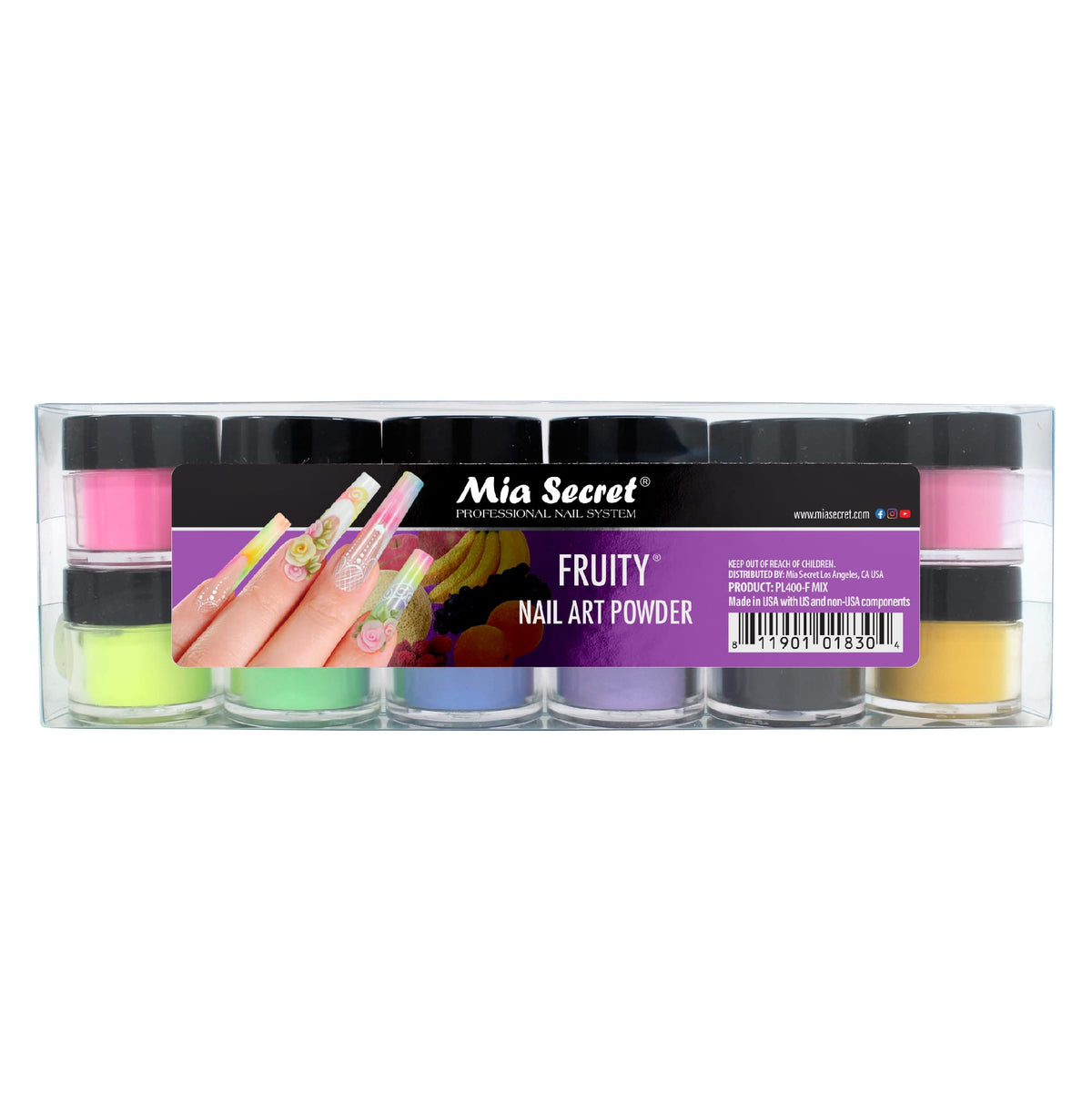 Mia Secret Colección Frutal, frente del empaque con 12 tonos visibles.