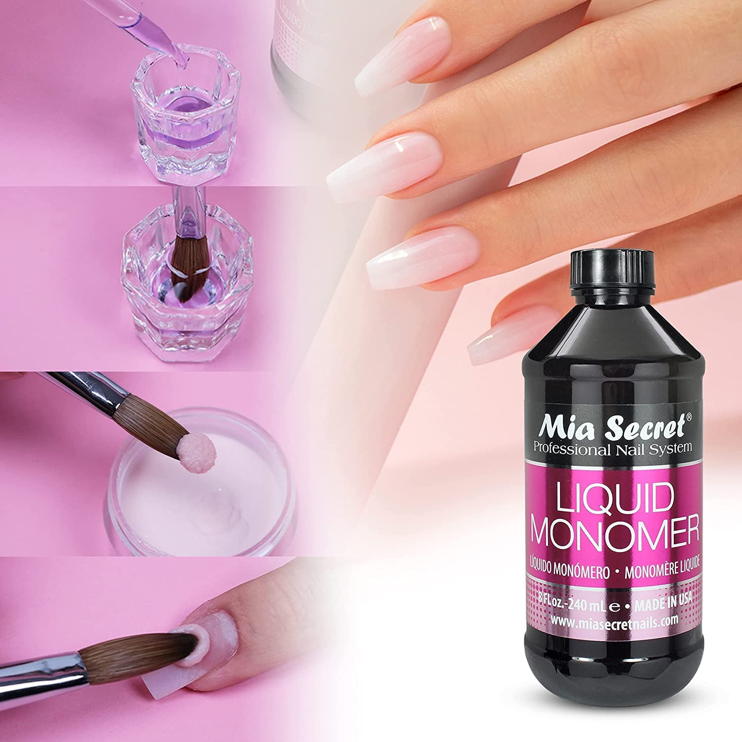 Mia Secret monómero líquido 4 oz garantiza un acabado liso y duradero en uñas.