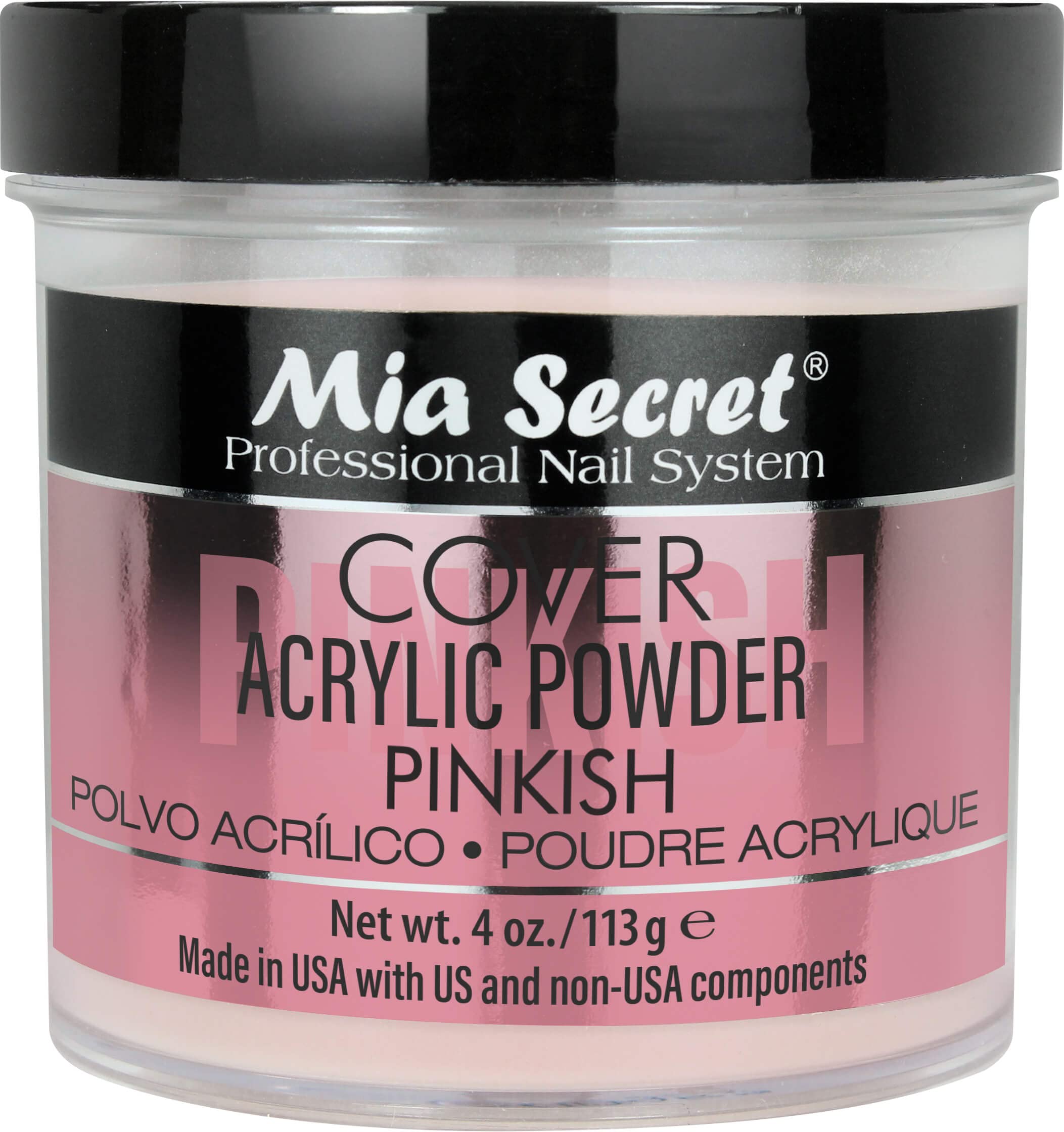 Polvo acrílico rosa de Mia Secret en frasco, cubrimiento uniforme para uñas