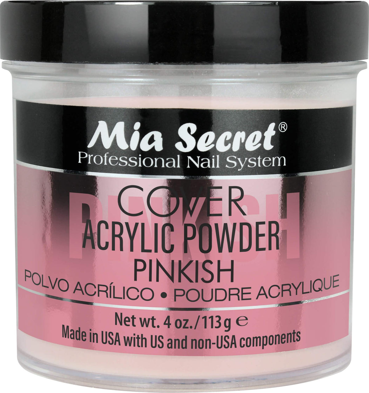 Polvo acrílico rosa de Mia Secret en frasco, cubrimiento uniforme para uñas