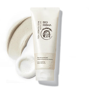 MIDHA espuma exfoliante de salvado de arroz, textura suave para piel limpia.