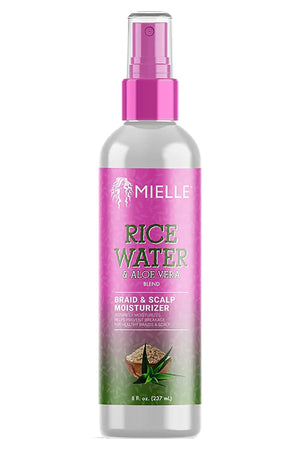 Mielle mezcla de agua de arroz y aloe vera para trenzas, hidratación suave.
