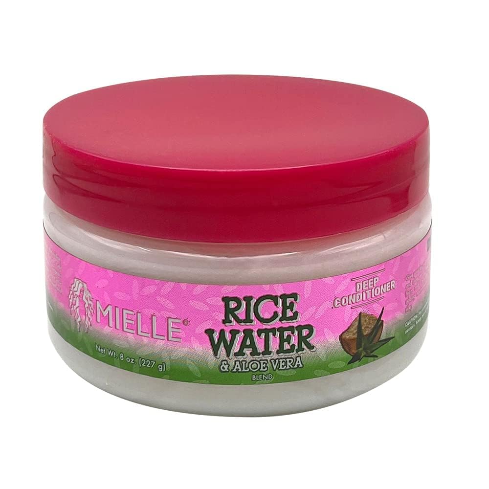 Mielle Acondicionador profundo de arroz con aloe vera, botella, proporciona hidratación y suavidad al cabello.