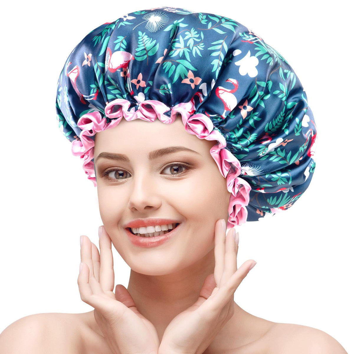 Gorro de ducha mikimini para cabello largo con flamenco rosa y lazo, mantiene el cabello seco