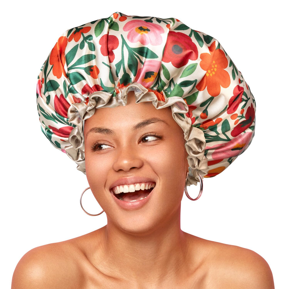 Gorro mikimini extra grande con estampado floral vibrante para cabello largo y seco