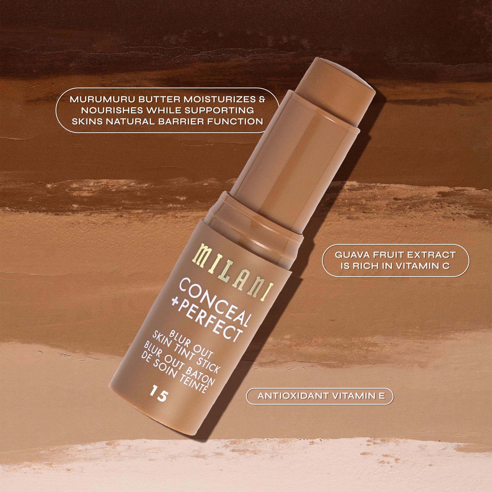 Milani Conceal + Perfect barra, vitamina E y antioxidantes para protección suave.