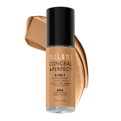 Milani Conceal + Perfect fundación líquida tono arena cálido para acabado natural.
