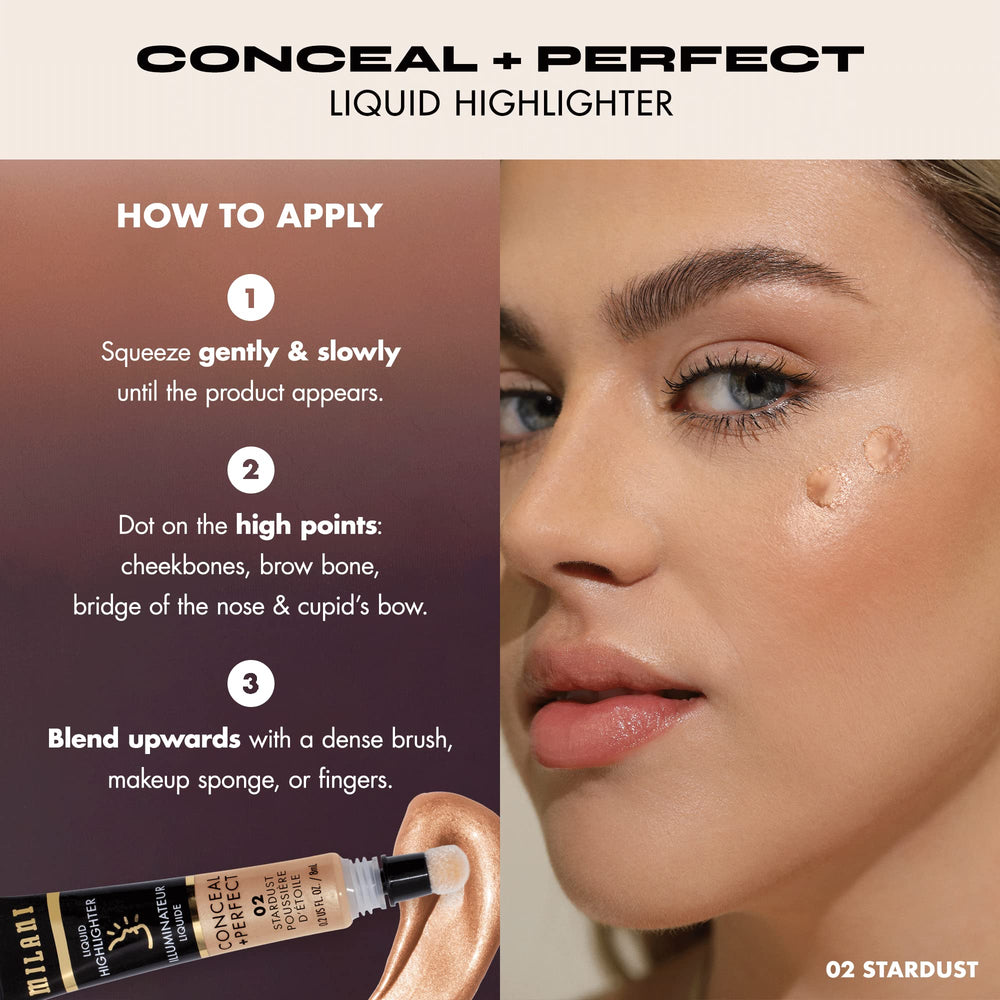 Milani Conceal + Perfect Iluminador Líquido Stardust ofrece aplicación precisa para un resplandor suave.