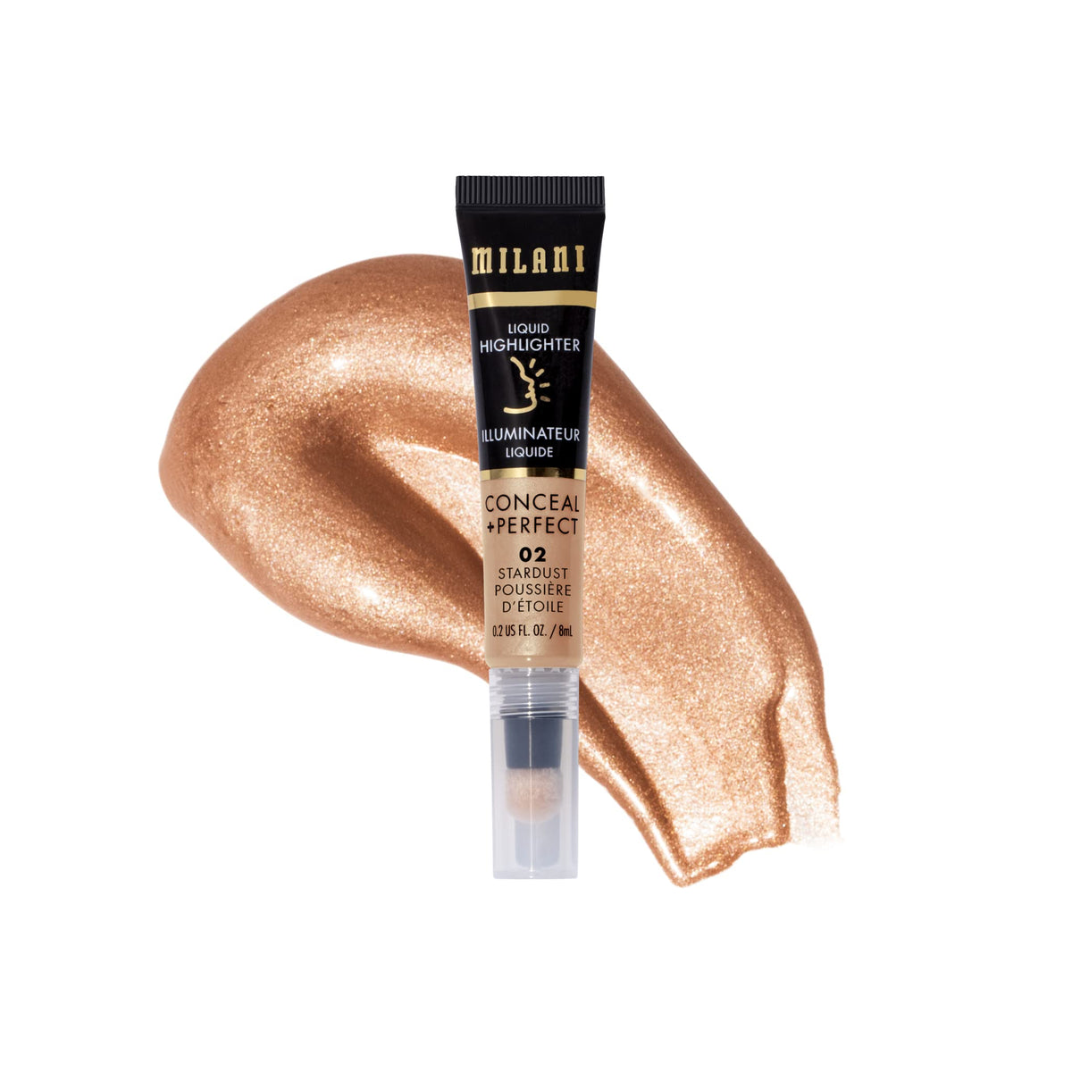 Milani Conceal + Perfect Iluminador Líquido Stardust en botella, brillo sutil para cualquier tono de piel.