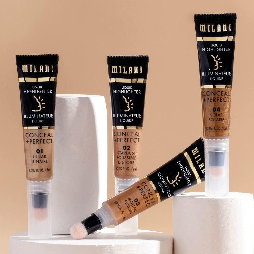 Milani Conceal + Perfect Iluminador Líquido Stardust se complementa con contorno líquido para definición progresiva.
