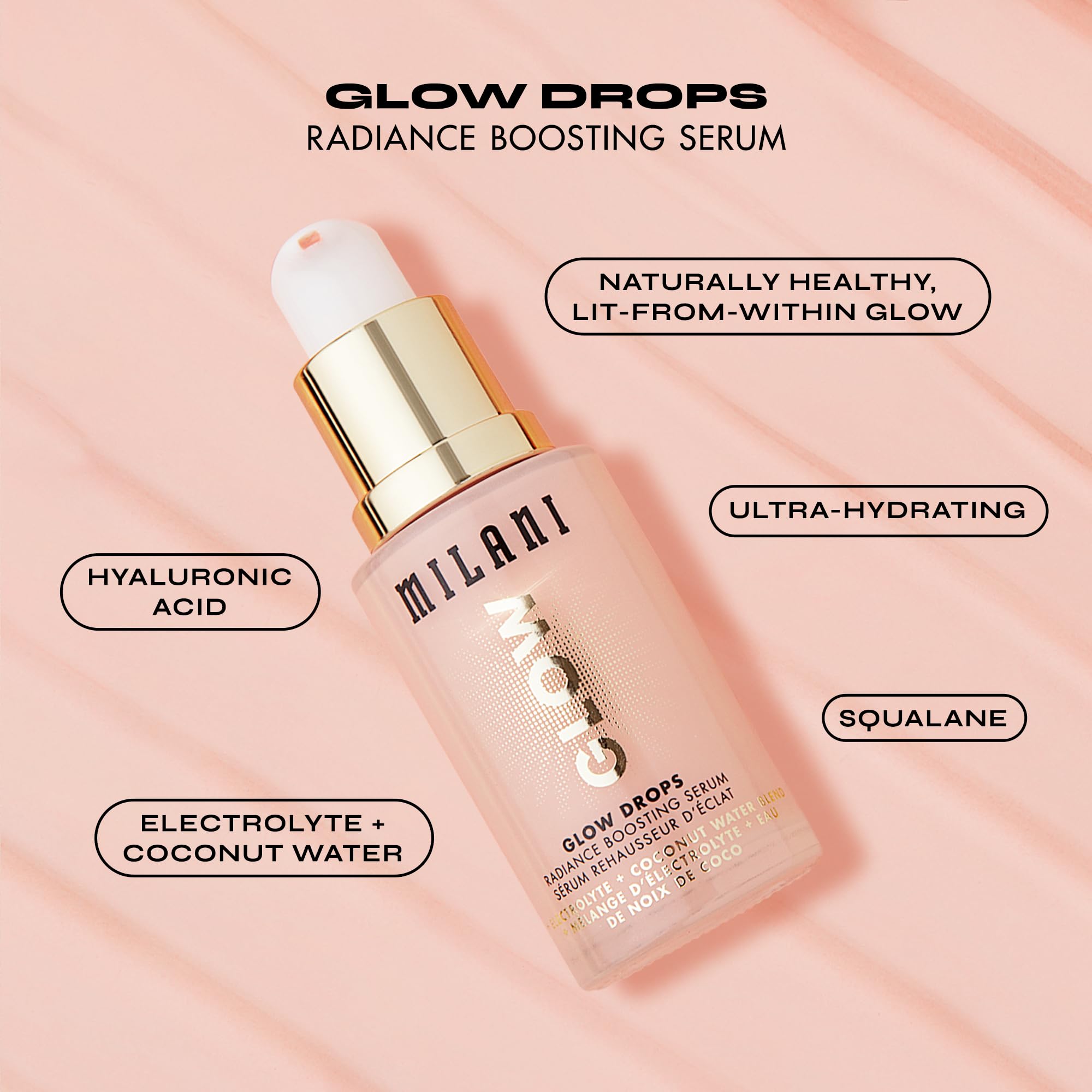Milani Glow Drops con cocos y squalane para hidratación duradera.