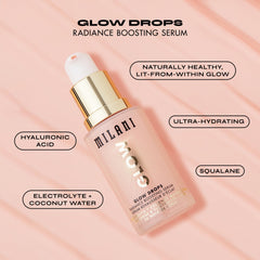 Milani Glow Drops con cocos y squalane para hidratación duradera.