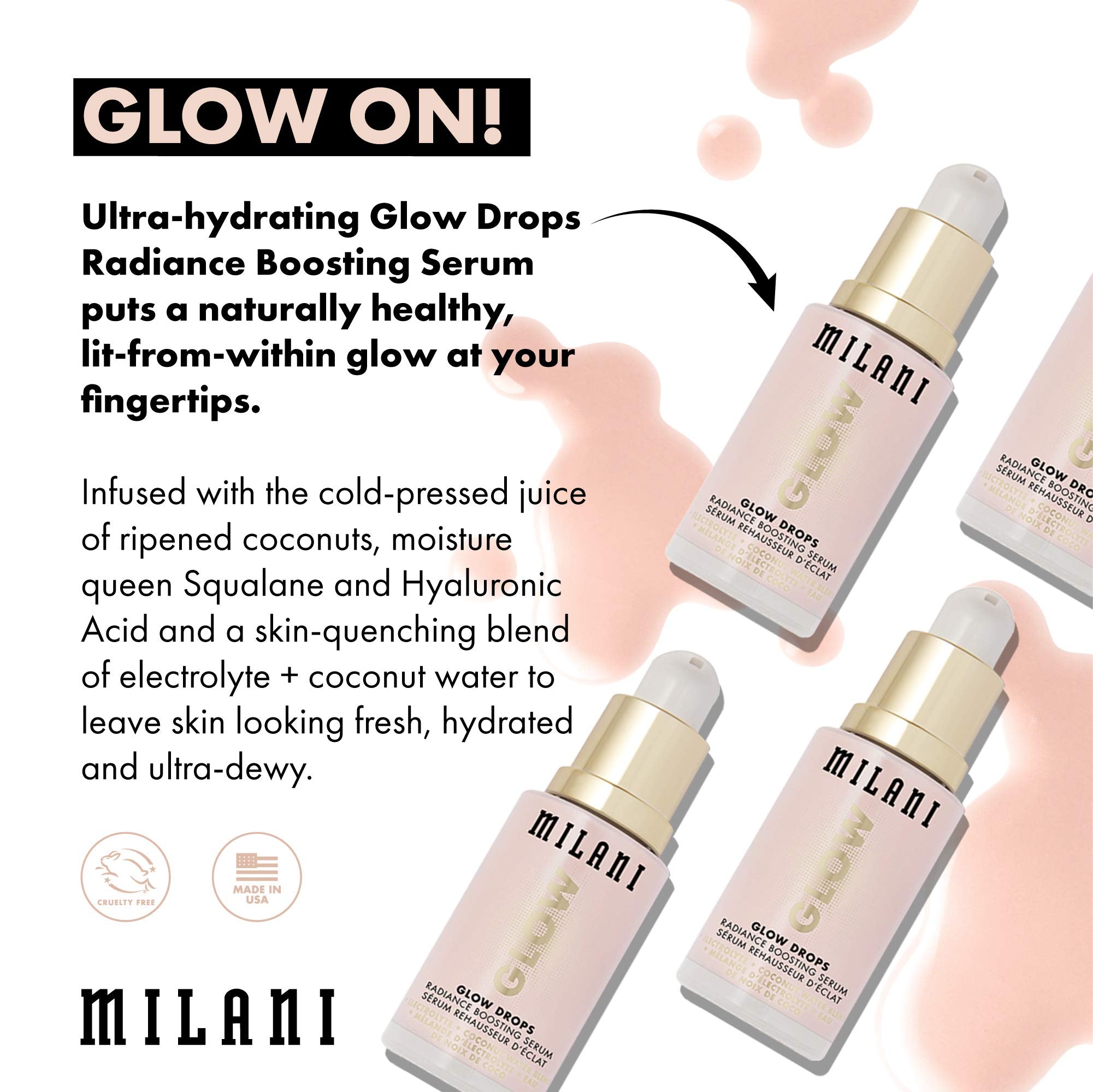 Milani Glow Drops uso diario como base hidratante para piel radiante.
