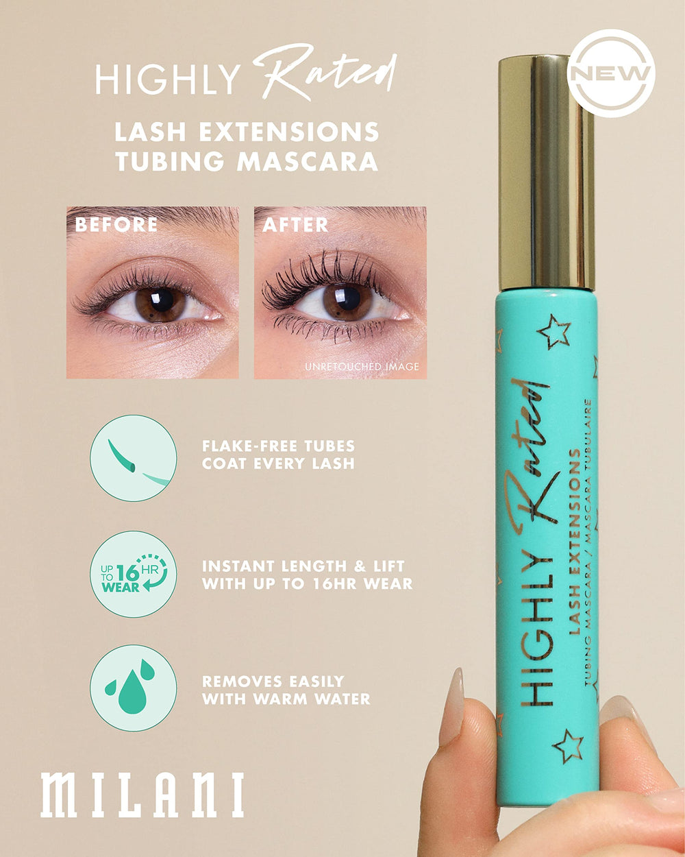 Pestañas alargadas y elevadas con Milani Mascara Tubos.