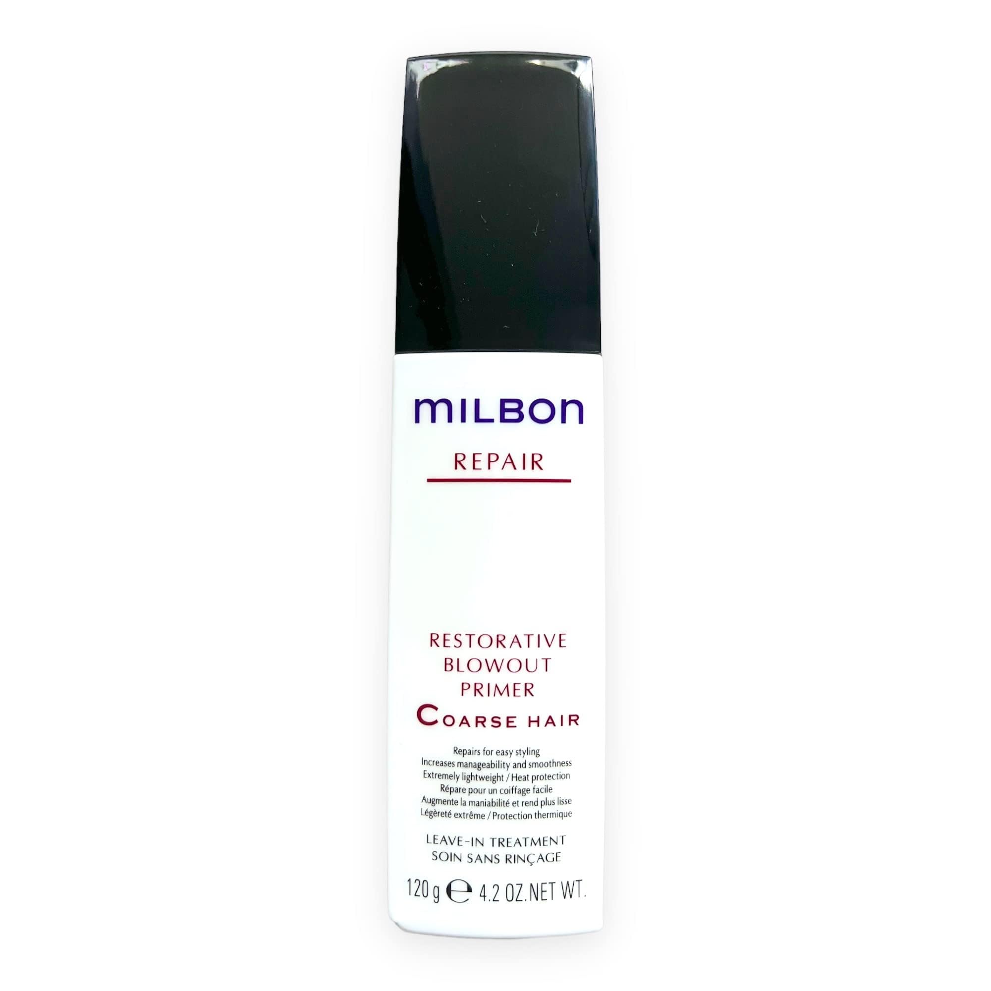 Milbon primer restaurador para secado profesional, cabello grueso, botella; protege del calor y suaviza las cutículas.